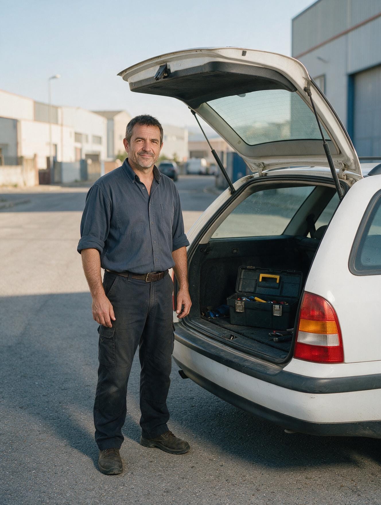 Un autónomo junto a su coche de trabajo con el maletero abierto