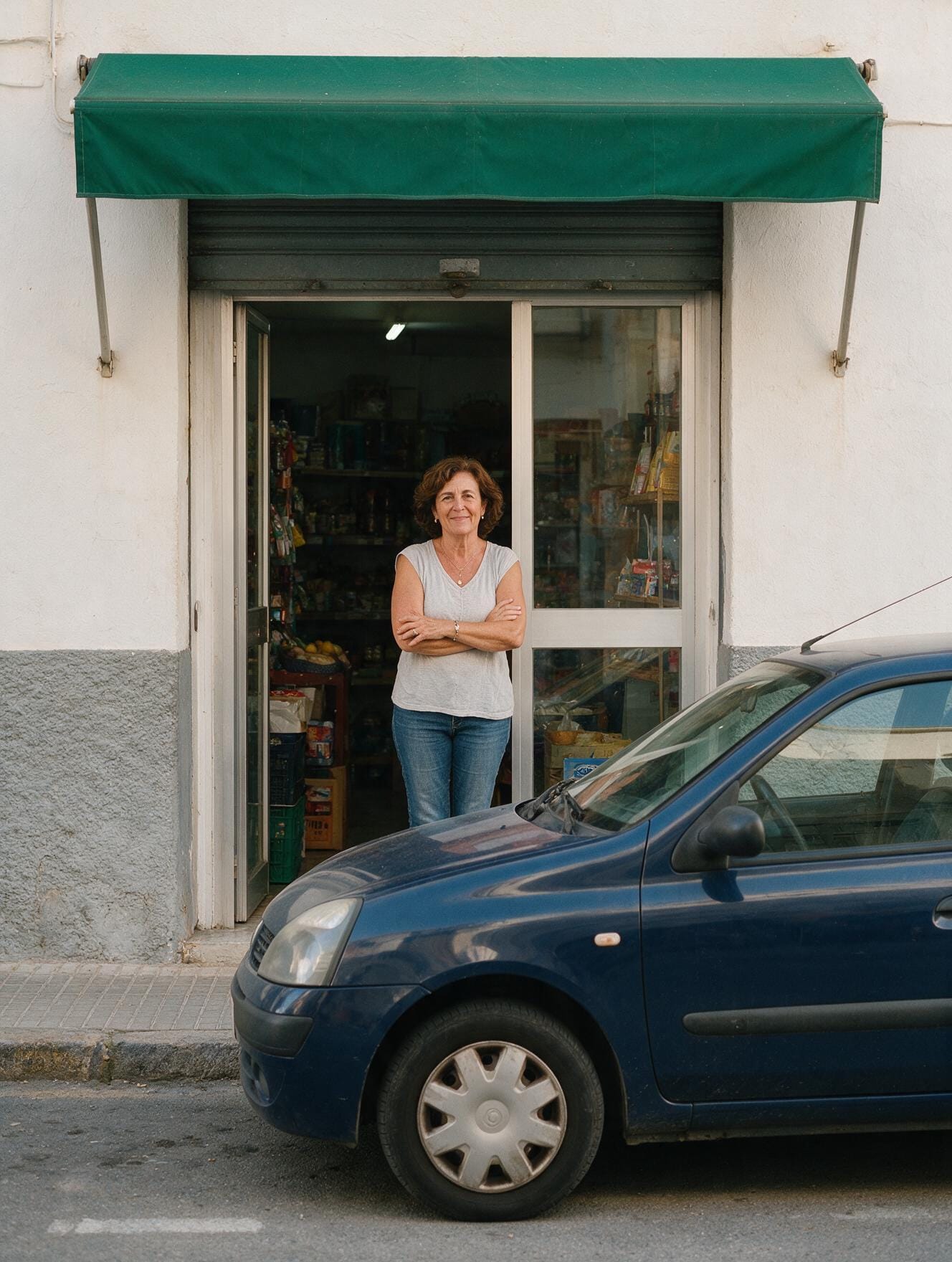 Una comerciante en la puerta de su tienda con su coche aparcado delante