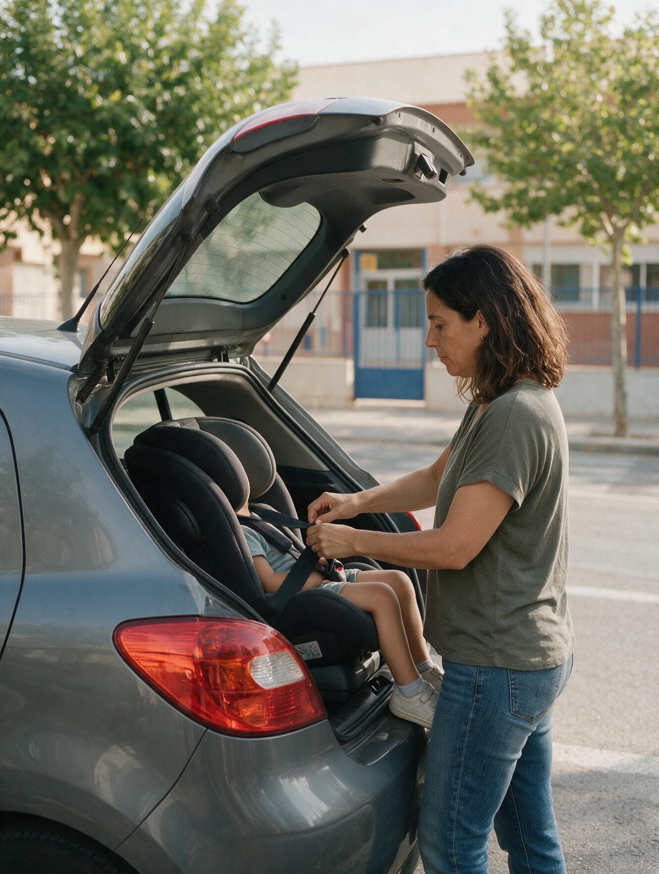 Una madre coloca una sillita infantil en el coche