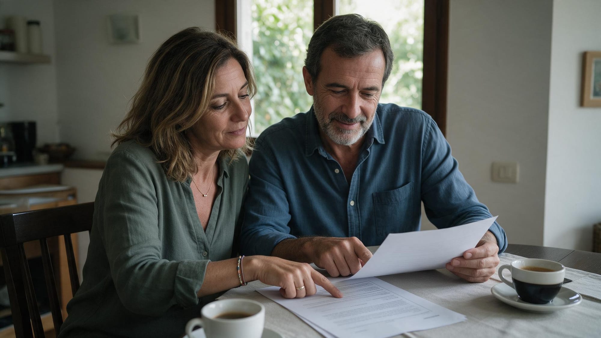 Una pareja revisa documentos en casa